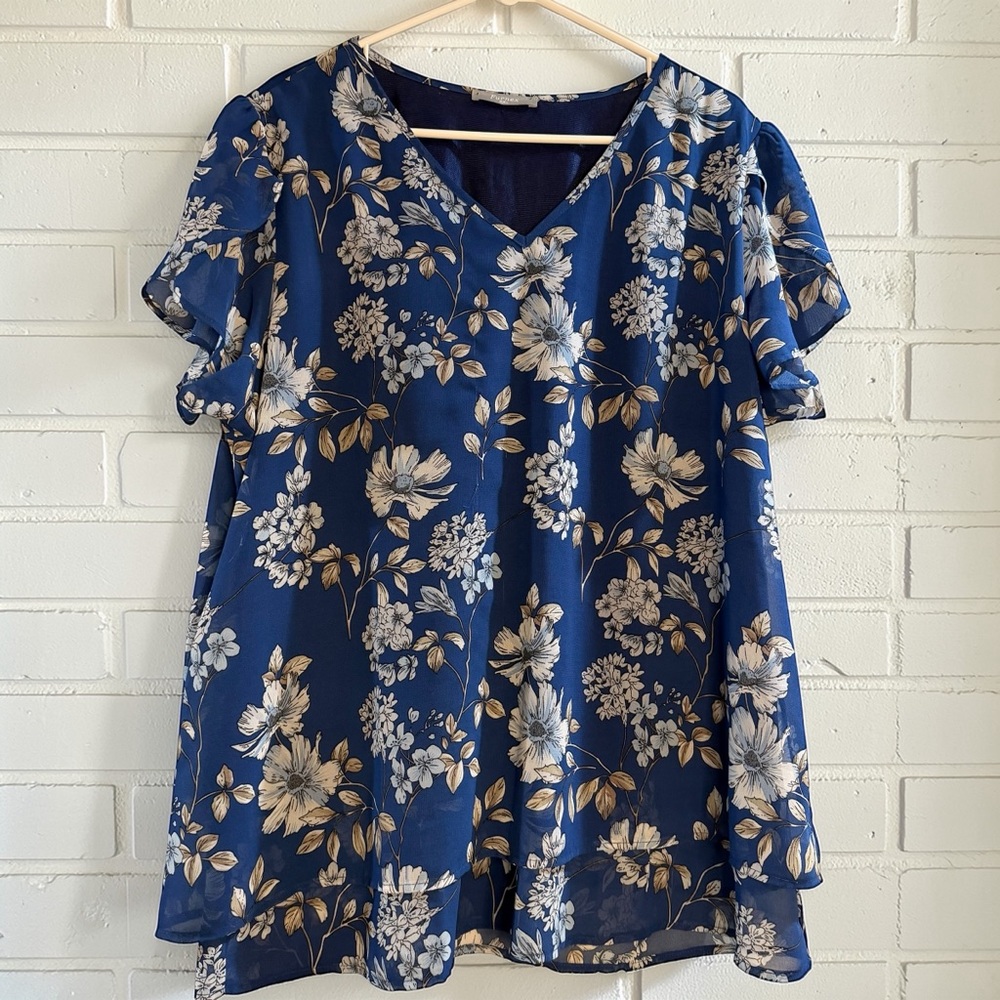 Furnex Floral Blouse XXL Blue Chiffon Ruffle Sleeve Cottagecore